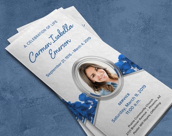 Blue Roses & Pearls Trifold Funeral Program Template | 8.5 x 14" | Apple Pages | MS Word | Photoshop