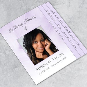 Lavender Funeral Program Template: Graduated Fold, 8 Pages, 8.5x14 (MS Word, Apple Pages)