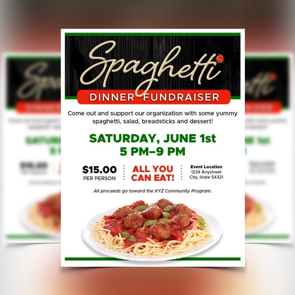 Spaghetti Dinner Flyer Template – 8.5 x 11 | Apple Pages | MS Word