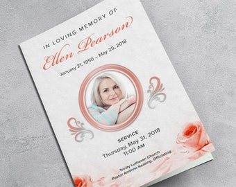 Peach Rose Petals Funeral Program Template | 8.5 x 11" | Apple Pages | Photoshop