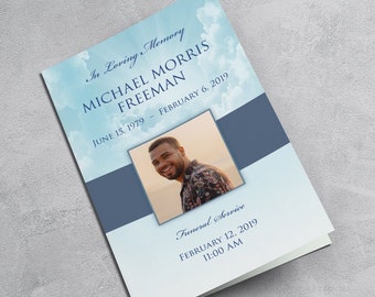 Blue & White Clouds Funeral Program Template | 8.5 x 11" | Apple Pages | Microsoft Word | Photoshop