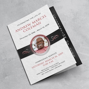 Red, Black & White Funeral Program Template: Single Fold, 8.5x11 (MS Word, Pages, Photoshop)