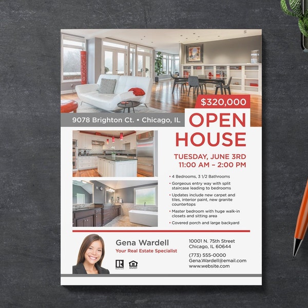 Open House Real Estate Flyer Template | Home For Sale | Just Listed | Apple Pages | MS Publisher and Word | Photoshop