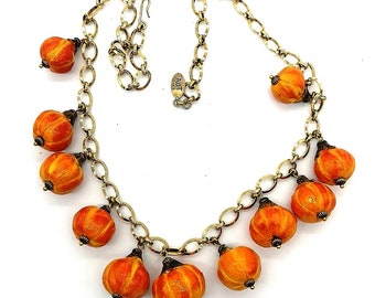 Botanical jewelry. Orange & yellow Squash Pumpkin necklace. Very original gift. Friendship jewelry. Handmade ceramic. Unique piece