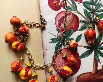 Botanical jewelry. Red and yellow Pomegranate fruit necklace. Nature lover gift. Lucky gift. Handmade ceramic. Unique piece