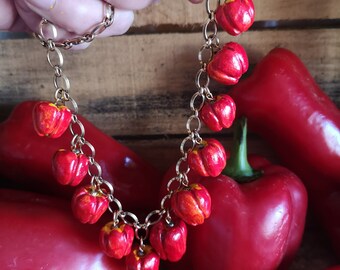 Botanical jewelry. Red Pepper fruit necklace. Perfect gift for a cook or chef. My watercolor print as a gift. Handmade ceramic.
