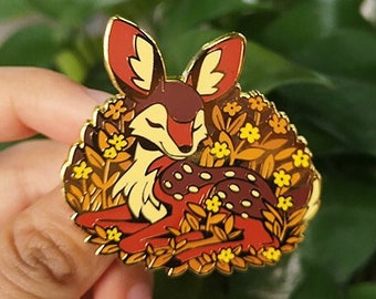 Autumn Fawn Flowers Pumpkin Spice Enamel Pin Woodland Forest Animal | Cottagecore