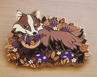 American Badger Cottagecore Mushroom Basket Flowers Enamel Pin | Cottagecore