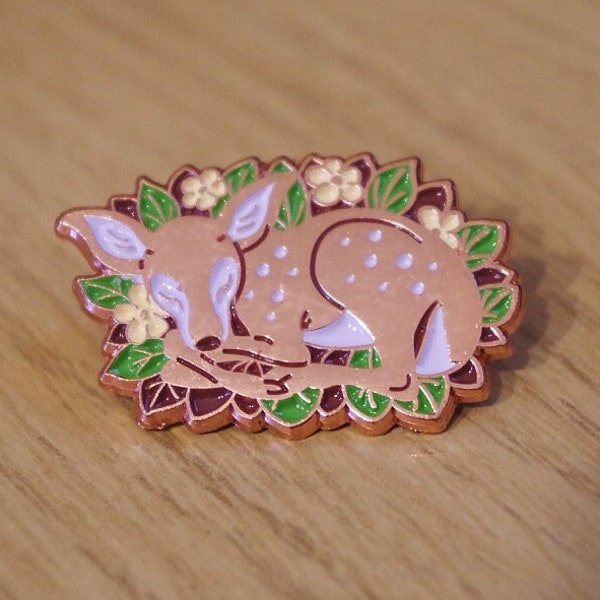 Woodland Sleeping Fawn Flowers Enamel Pin | Cottagecore