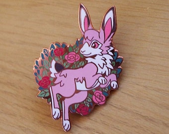 Cute Pink Heart Flowers Bunny Rabbit Enamel Pin Roses | Cottagecore