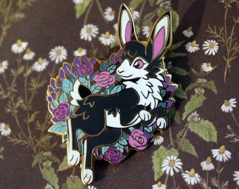 Cute Black Heart Flowers Bunny Rabbit Enamel Pin Roses | Cottagecore