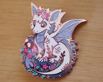 Cute Fluffy Dragon Flowers Glitter Enamel Pin | Cottagecore