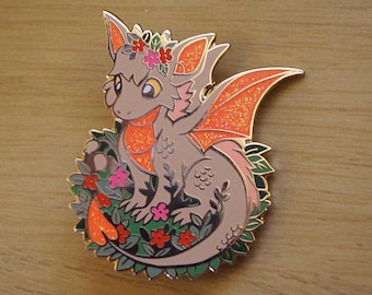 Cute Fluffy Dragon Flowers Glitter Enamel Pin | Cottagecore