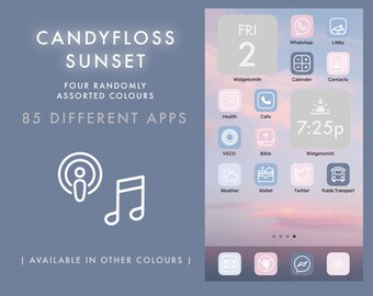 Candyfloss Sunset 85 Different Apps Assorted Colours | iOS 14 iPhone Icons | Cute, pink, blue, delicate, ethereal, dream aesthetic