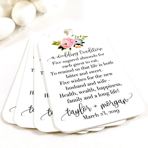 Jordan Almonds Italian Wedding Custom Favor Tags, Five Wishes Wedding Poem Tags (Set of 12)