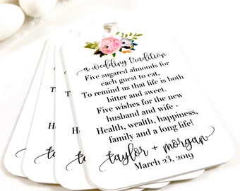 Jordan Almonds Italian Wedding Custom Favor Tags, Five Wishes Wedding Poem Tags (Set of 12)