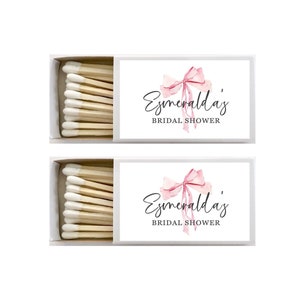 Custom Matches Bridal Shower Favors, Pink Bow Matchboxes with Wraparound Labels