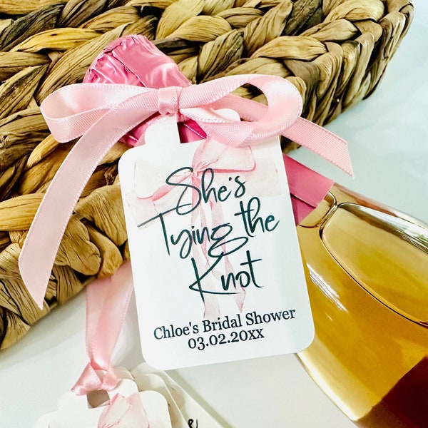 Pink Ribbon Bow Bridal Shower Party Favors Gift Tags, Personalized She's Tying the Knot Tags (Set of 8 Tags)