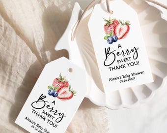 Etiquetas de regalo para baby shower de niña con fresas, dulce primer cumpleaños