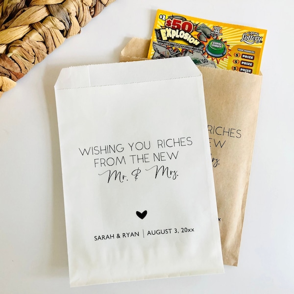 Lottery Ticket Gift Favors Mr and Mrs Kraft Cookie Paper Bags, Scratch Off Lotto Wedding Guest Party Favors