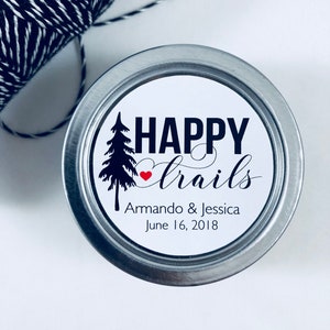 Round Rustic Wedding Favor Label Stickers, Custom Trail Mix Stickers, Happy Trails Favor Stickers (Set of 16)
