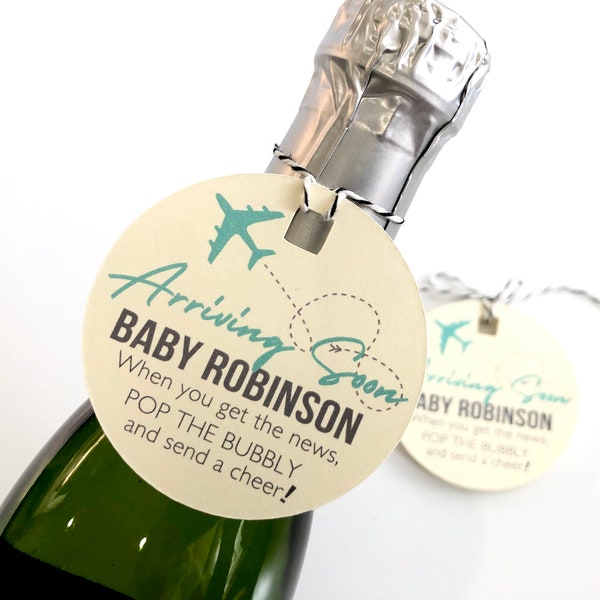 Airplane Baby Shower Bottle Tags, Champagne Ready To Pop Favor Tags, Personalized Tags (Set of 12)