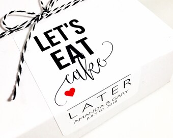 Let&#39;s Eat Cake Wedding Favor Stickers: To Go Box Labels (Set of 12)