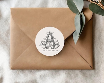 Custom Monogram Wedding Stickers, Vintage Vine Font