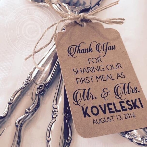 Thank You For Sharing Our First Meal Silverware Tags, Wedding Thank You Tags, Wedding Reception Table Decor (Set of 12)