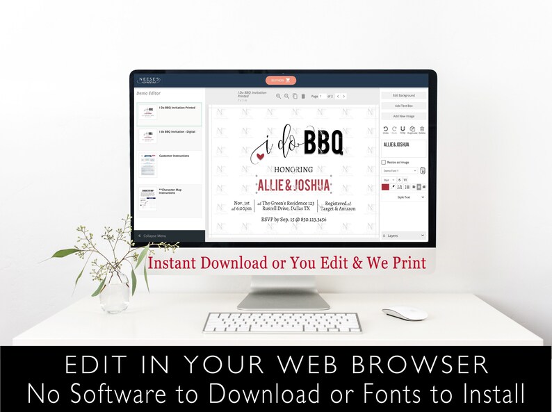 May include: A computer screen displaying a customizable invitation template for a "I do BBQ" wedding celebration. The template features a red heart, the text "I do BBQ", and the names "Allie & Joshua". The text "Instant Download or You Edit & We Print" is displayed below the screen.