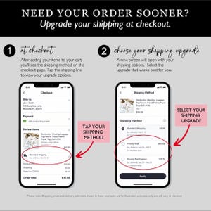 Need your order sooner? This graphic shows how to upgrade your shipping at Etsy checkout. Step 1 shows where to tap the shipping method on the checkout screen, and Step 2 shows where to select Priority Mail or Priority Mail Express. Shipping prices and delivery estimates shown are examples only and may vary based on the order and destination.