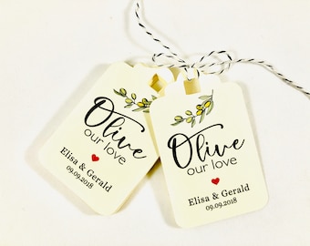 Italian Olive Oil Wedding Paper Tags, Guest Gift Favors Olive Our Love (Set of 12)