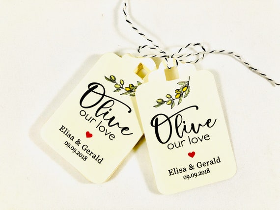 Italian Olive Oil Wedding Paper Tags, Guest Gift Favors Olive Our Love (Set of 12)