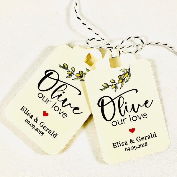 Italian Olive Oil Wedding Paper Tags for Guest Gift Favors, Olive Our Love Paper Tags (Set of 12)