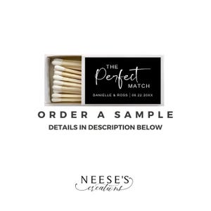 May include: A black and white matchbox with the text "THE Perfect MATCH" and the names "DANIELLE & ROSS" and the date "06.22.20XX".