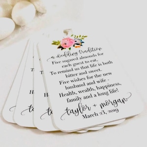 Jordan Almonds Italian Wedding Custom Favor Tags, Five Wishes Wedding Poem Tags (Set of 12)