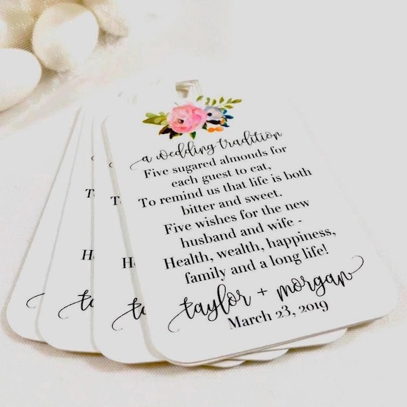 Jordan Almonds Italian Wedding Custom Favor Tags, Five Wishes Wedding Poem Tags (Set of 12)