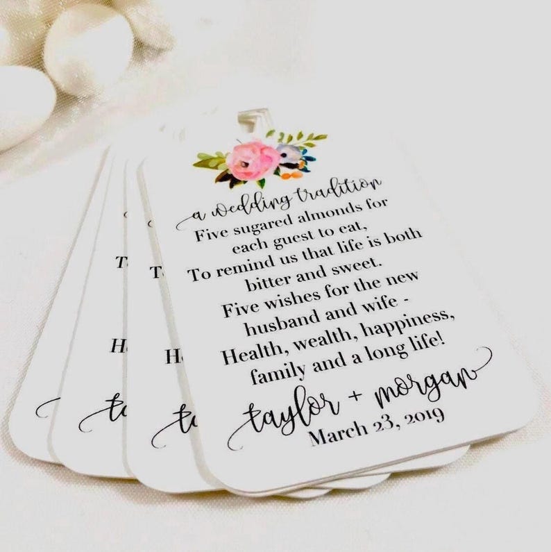 Etiquetas personalizadas para recuerdos de boda italiana Jordan Almonds, etiquetas con poemas de cinco deseos (juego de 12) imagen 1