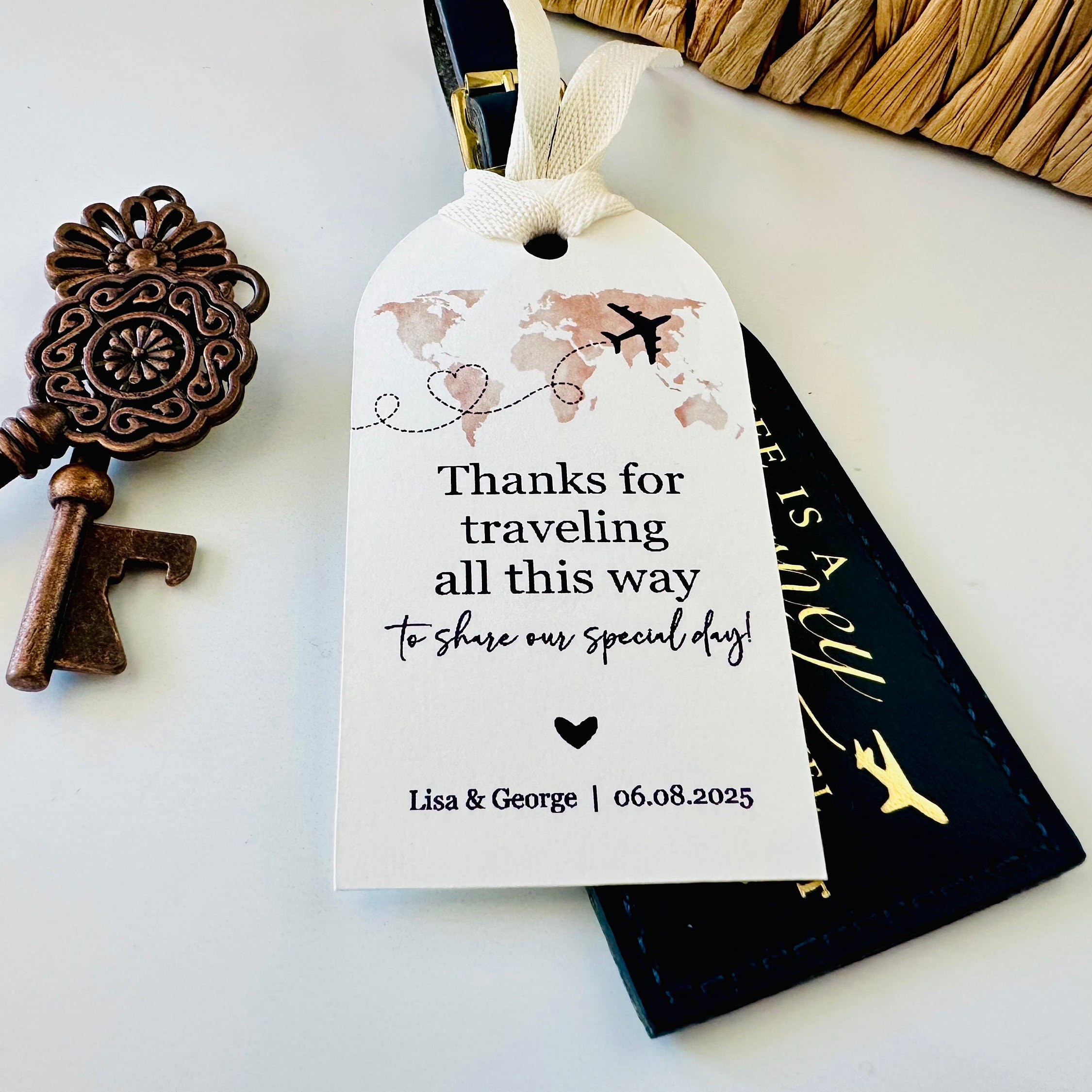 Wedding Travel Destination Guest Favors Luggage Tags, Unique Travel Theme Wedding Paper Tags (Set of 12 Paper Tags)