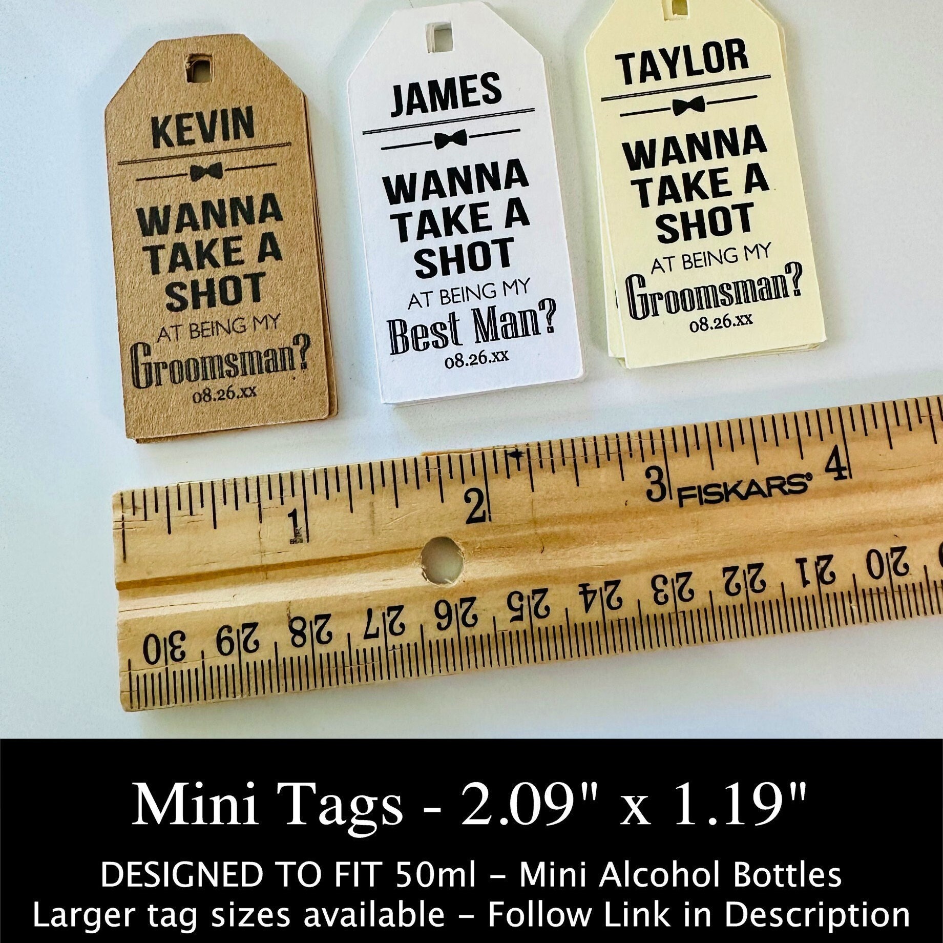 Custom Groomsman Best Man Officiant Proposal Box Gift Hang Tags, Will You Be My Usher Tags, Take A Shot Mini Tags