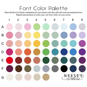 May include: A color palette chart with 63 different color swatches arranged in a grid. The colors are labeled with letters A through G and numbers 1 through 9. The chart is titled "Font Color Palette".