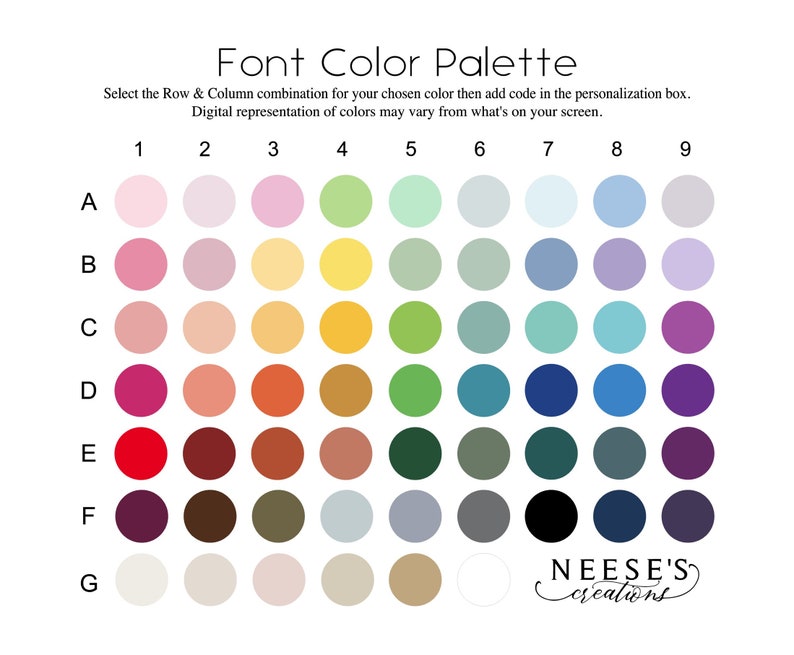 May include: A color palette chart with 63 different color swatches arranged in a grid. The colors are labeled with letters A through G and numbers 1 through 9. The chart is titled "Font Color Palette".