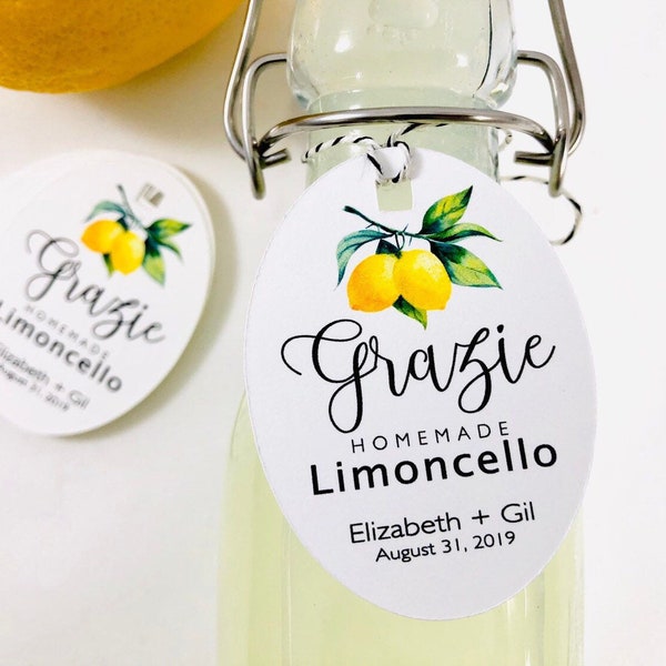 Italian Wedding Guest Favors, Custom Limoncello Bottle Tags (Set of 9)