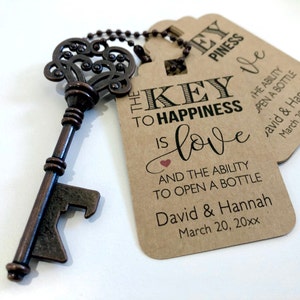 Key Bottle Openers AND Tags, Wedding Favors, Skeleton Key Favors, Key to Happiness Tags, Wedding Key Tag, Set of 24