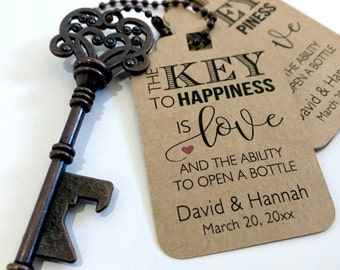 Key Bottle Openers AND Tags, Wedding Favors, Skeleton Key Favors, Key to Happiness Tags, Wedding Key Tag, Set of 24