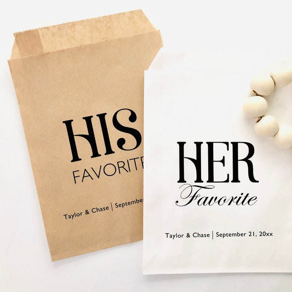 His and Hers Favorite Wedding Party Treat Bags, Kraft Paper Paper Bags