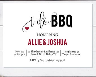 May include: A white wedding invitation with a red heart and black text that reads "i do BBQ" honoring Allie & Joshua. The invitation includes the date, time, location, and RSVP information.