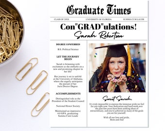 Editable 2024 Graduation Party Newspaper Template, Class of 2024 College Graduation Announcement