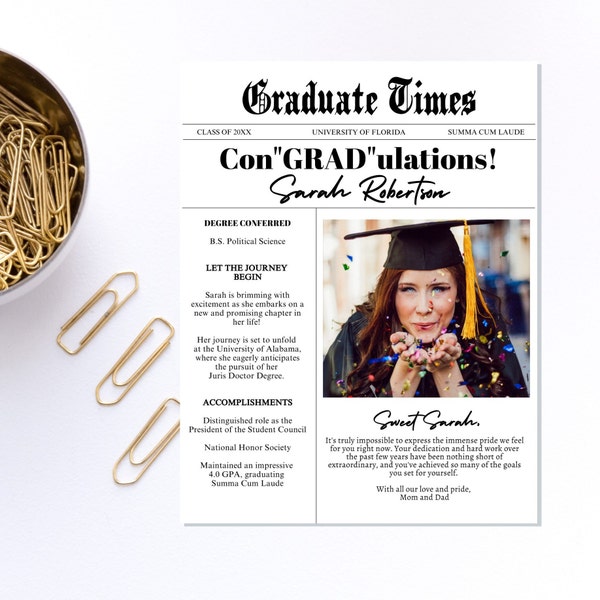 Editable 2024 Graduation Party Newspaper Template, Class of 2024 College Graduation Announcement