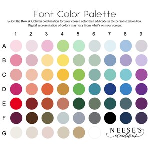 Puede incluir: Una tabla de paleta de colores con 63 opciones de color diferentes. La tabla est&aacute; organizada en filas etiquetadas de la A a la G y en columnas etiquetadas del 1 al 9. Cada color est&aacute; representado por un c&iacute;rculo.
